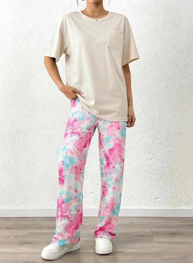 تايك تو طقم تيشيرت سادة وبنطال بيجاما مطبع للنساء